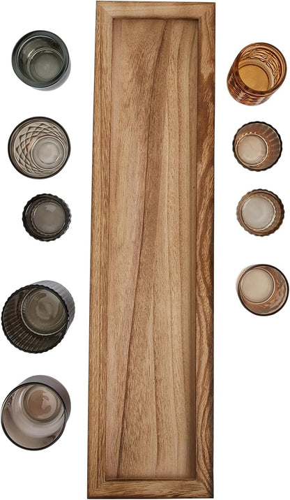 Wood Tray with 9 Brown Glass Votive Holders (Set of 10 Pieces)