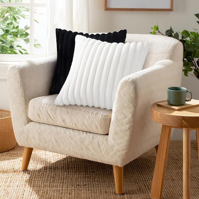 Pallene Faux Fur Plush Throw Pillow Covers 20x20 Set of 2, Luxury Soft Fluffy Striped Decorative Pillow Covers for Sofa, Couch, Living Room, Black