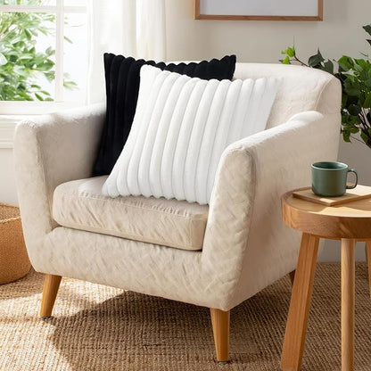 Pallene Faux Fur Plush Throw Pillow Covers 24x24 Set of 2, Luxury Soft Fluffy Striped Decorative Pillow Covers for Sofa, Couch, Living Room, Black