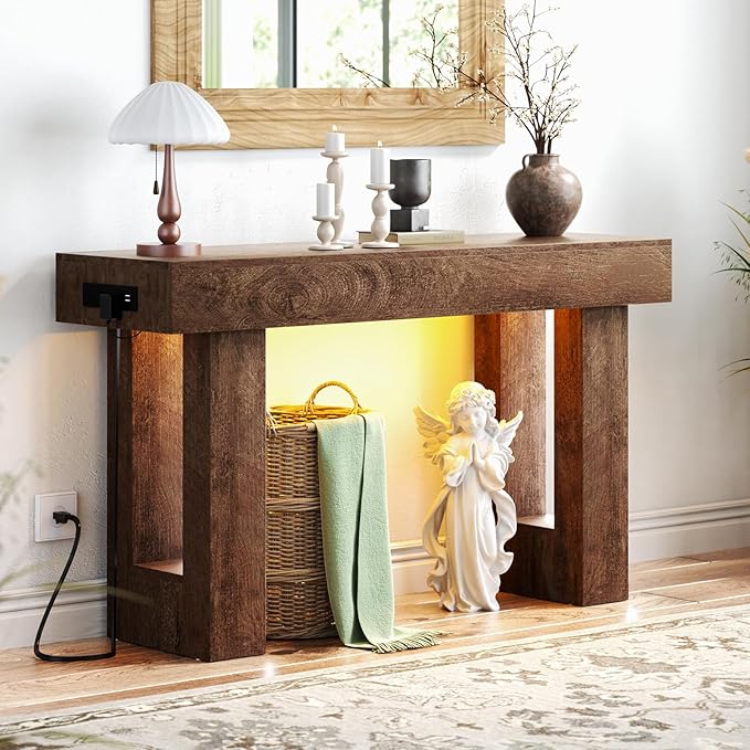 Unikito 47" Entryway Table with Socket and Sensor Light, Narrow Console Table with Storage Behind Couch, Farmhouse Entry Way Tables with Open Storage for Entrance/Hallway/Living Room, Rustic Oak