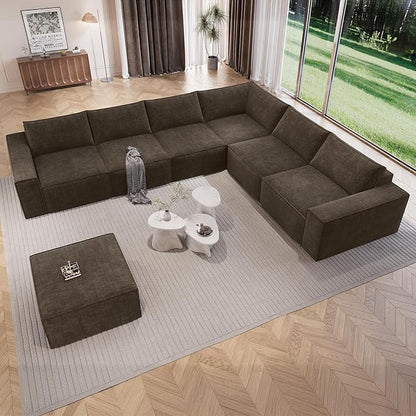 Vesgantti 143.7" Oversized Boneless Modular Couch, Modern 6 Seater Sectional Sofa with Ottoman & Deep Seat, Convertible Chenille Cloud Couches for Living Room, No Assembly Required, Dark Brown
