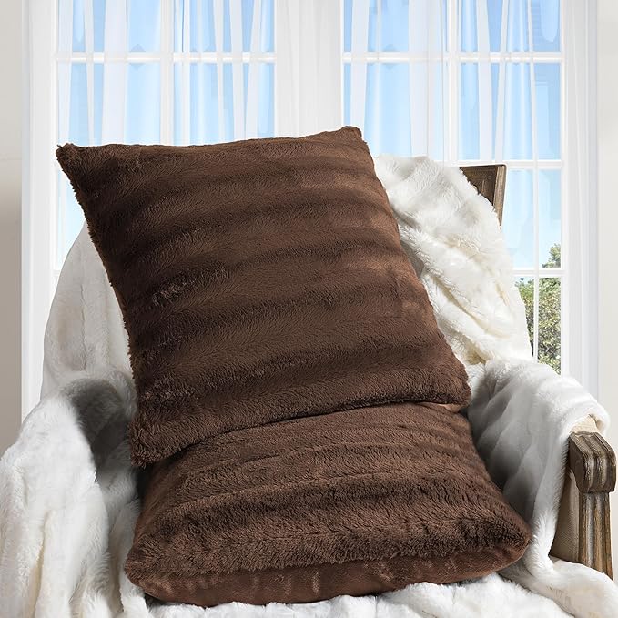 Cheer Collection Faux Fur Throw Pillows - Decorative Pillows for Couch, Bed Throw Pillows, Chocolate Accent Pillows for Bedroom or Living Room Aesthetic, Set of 2 Furry Throw Pillows, 20" x 20"
