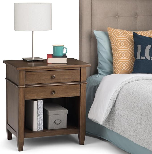 SIMPLIHOME Carlton Bedside Table - 24 inch Wide Solid Wood Nightstand Table in Rustic Natural Aged Brown, Transitional Bedroom Side or End Table with 2 Drawers, Open Storage Shelf and Bronze Hardware