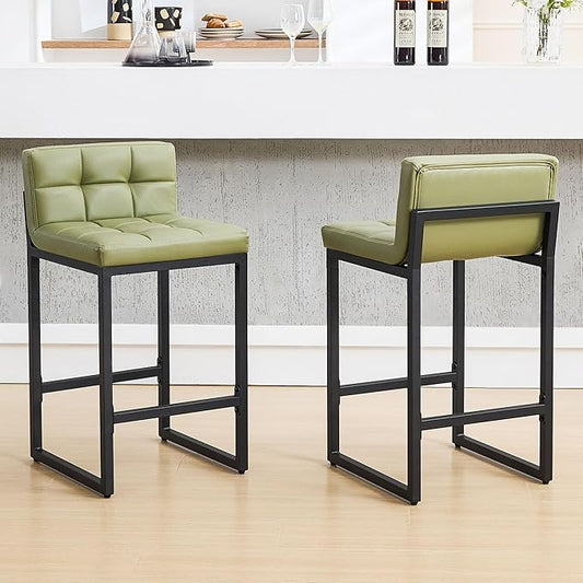 Counter Height Bar Stools Set of 2, Modern Faux Leather Counter Stools with Low Back and Footrest, Upholstered Bar Chairs for Kitchen Island, Bar, Counter (Avocado Green, 2Pcs 26" Bar Stools)