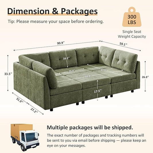 VANOMi 5 Seater Cloud Couches for Living Room with Ottoman, Convertible Modular Sectional Sofa Bed, Chenille Cloud Sofas & Couches for Apartment, Office, Green, Sofa Bed