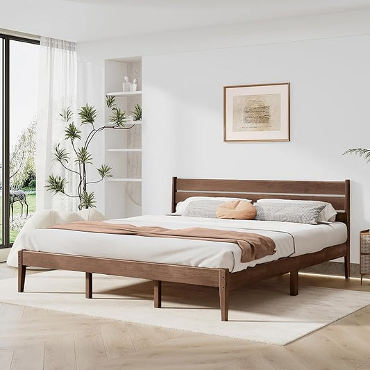 King Bed Frame and Ladder Headboard, Solid Wood Bed Frame with Storage, Malaysian Oak Platform Beds with Wooden Slats, No Box Spring Needed, Easy Assembly, King Size, Antique Espresso
