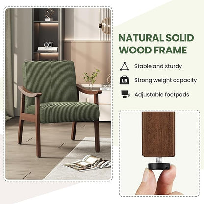 Yaheetech Corduroy Accent Chair, Mid-Century Modern Armchair with Solid Wood Legs, Reading Leisure Chair with High Back for Living Room Bedroom Waiting Room, Set of 2, Dark Green
