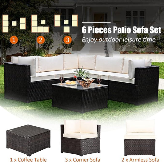 Tangkula 6 Pieces Patio Furniture Set, Outdoor Rattan Sofa Set, Wicker Conversation Set w/Tempered Glass Coffee Table & Cushions, Sectional Sofa Set for Backyard, Garden, Balcony, Poolside (Beige)