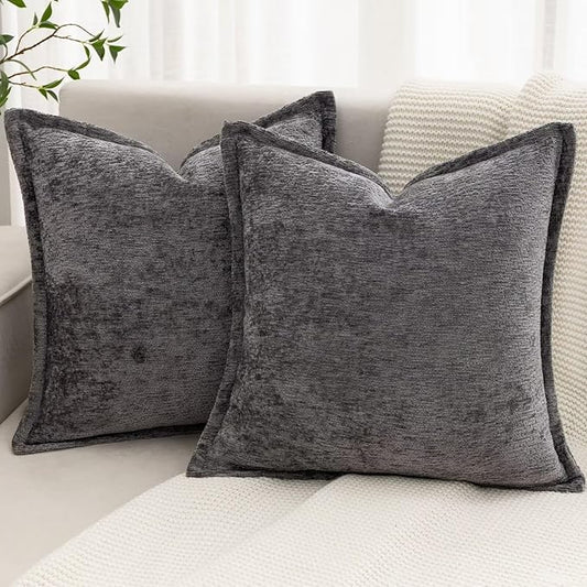 Grey Decorative Throw Pillow Covers 26x26 Inch Set of 2 Cozy Soild Chenille Cushion Cases Soft Textured Square Couch Pillows Cover Boho Accent Farmhouse Pillowcases for Sofa Bed