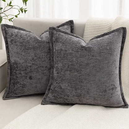 Grey Decorative Throw Pillow Covers 22x22 Inch Set of 2 Cozy Soild Chenille Cushion Cases Soft Textured Square Couch Pillows Cover Boho Accent Farmhouse Pillowcases for Sofa Bed