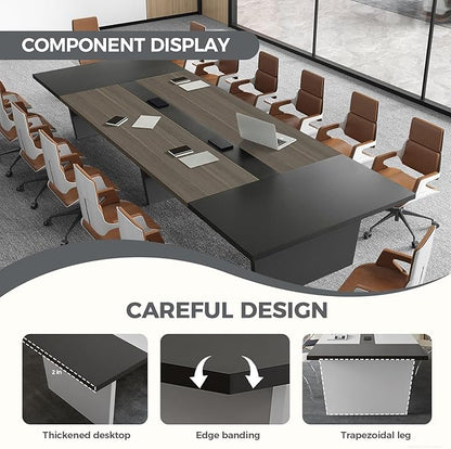 Modern Conference Table with Cable Management, Thickened Top & Trapezoidal Legs – Office Meeting Table for Executive Workspaces (Oak+Gray, 118" L