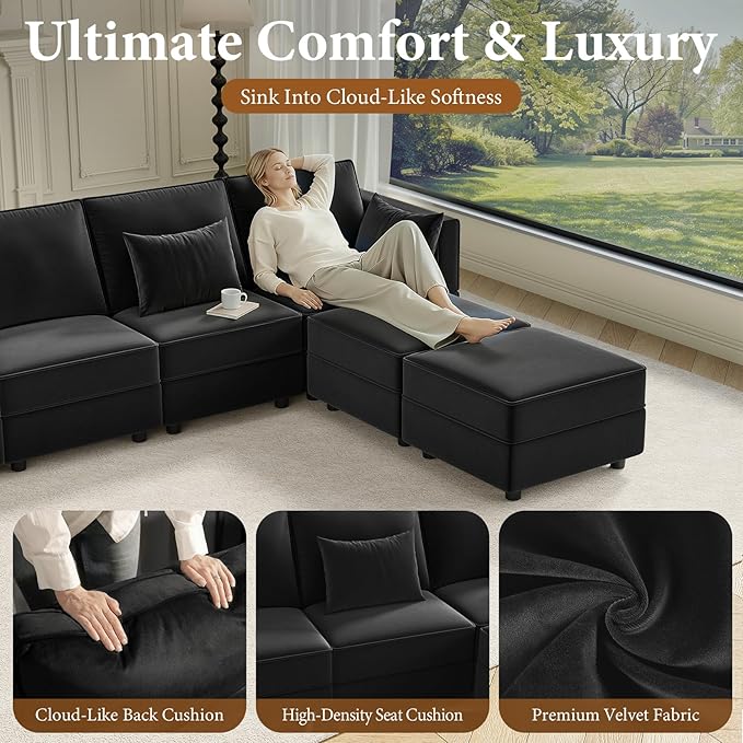 Vesgantti Modular Sofa Bed with Storage, 92" Sleeper Sofas with 9 Seats Storage Chaises Removeble Cover, Luxury Large Velvet Sectional Couch Set for Living Room, Apartment, Home Theatre, Black