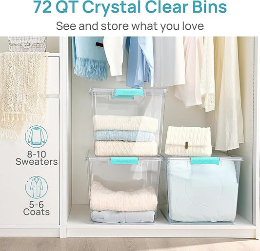 Vtopmart 4 Pack 72 QT Crystal Clear Storage Bins with Lids, 4 Pack Stackable Plastic Large Latching Boxes Totes Tubs Container for Closet Organizers and Storage, Bedroom, Clothes, Bedding