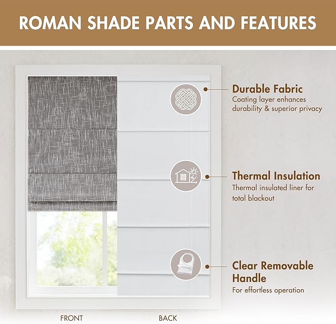 Madison Park Cordless Roman Shades, Total Blackout Window Blind Privacy Window Shades, Thermal Insulated Cordless Window Treatment for Bedroom, Living Room, Quincy, Single Panel 34" W X 64" H Grey