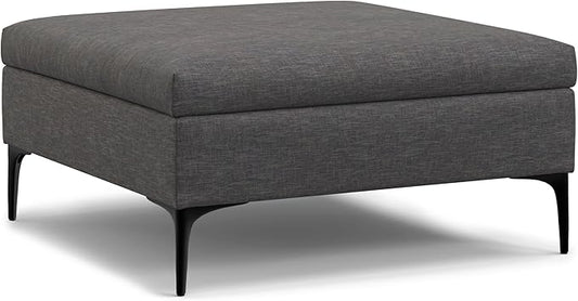 SIMPLIHOME Rebecca 36 inch Wide Contemporary Square Mid Century Coffee Table Storage Ottoman with Lift Up Lid in Slate Grey Polyester Linen, Assembled, For the Living Room, Entryway and Family Room