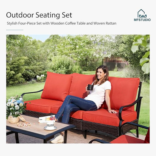 MFSTUDIO 5 PCS Outdoor Patio Furniture Set, Metal Outdoor Conversation Set, Rattan Wicker Patio Sectional Sofa Set with 2 x Rocking Single Sofa, 2-Seat and 3-Seat Sofa, 1 x Coffee Table, Red
