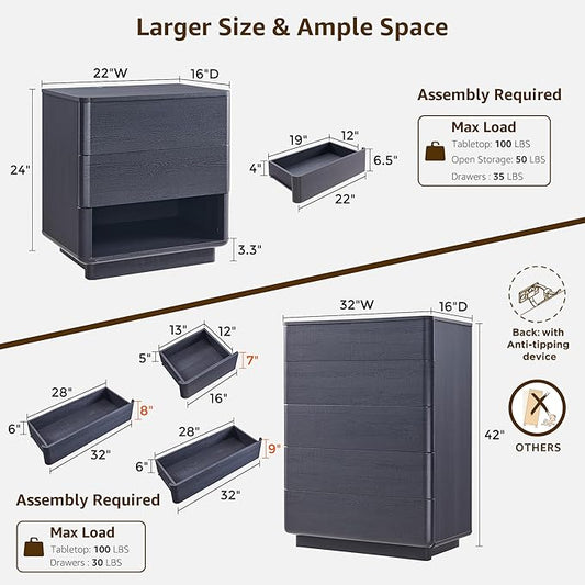 ACCOHOHO Modern Bedroom Set, 3 Pieces Bedroom Furniture Set, Wood 6 Drawer Dresser and Nightstands Set of 2, Chest of Drawers Wide Storage Organizer Cabinet for Bedroom,Black