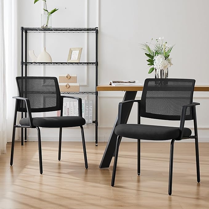 DUMOS Black Stackable Arm Chairs with Mesh Back and Upholstered Fabric, Sturdy Metal Frame, Easy to Store and Use, Perfect for Indoor and Outdoor Spaces, 4 Chair
