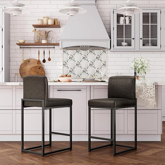 ALPHA HOME 24 Inch Bar Stools Set of 2, Kitchen Counter Stools with Backs, PU Leather Barstools, Kitchen Stools with Back&Upholstered Footrest, Sturdy Chromed Metal Steel Frame, Grey