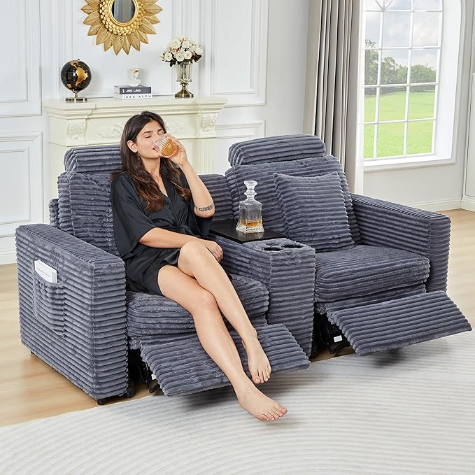 Power Reclining Sectional Sofa, Electric Loveseat Recliner with Storage Console and USB Ports, Plush Corduroy Fluffy Reclining Loveseat Couch Adjustable Headrest, 2 Seat Sofa for Living Room-Blue Grey
