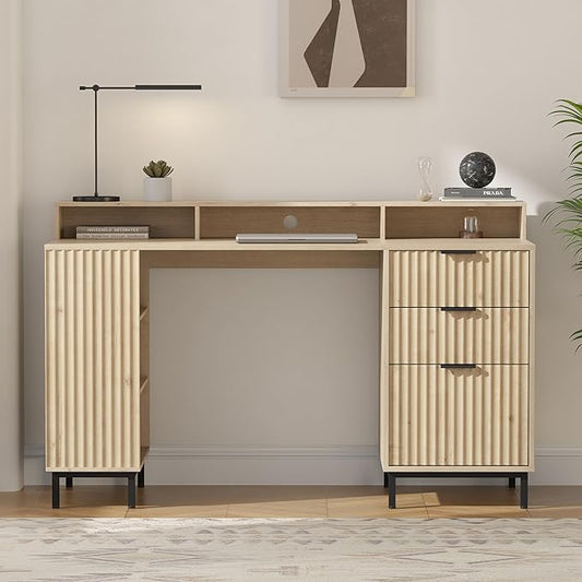 55'' Fluted Executive Desk with Drawers, Modern Home Office Computer Desk with Charging Station, File Drawer, Monitor Stand, Storage Shelf for Work Writing Study, Light Oak