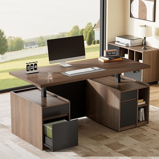 Executive Standing Desk with Drawers & Storage, 71'' Adjustable Electric Stand Up Wood Desk with Privacy Panel, AC/USB, File Cabinet, Large One-Piece Destop for Home Office, Black Walnut