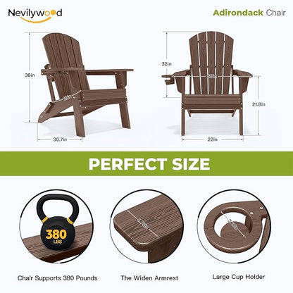 nevilywood Folding Adirondack Chair with Cup Holder, HDPE Patio Chairs, All-Weather Outdoor Chairs for Backyard, Deck, Fire Pit-Coffee