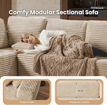 Cloud Sectional Couch with Chaise, Boneless U-Shaped Cloud Couch with Deep Seat, Soft Plush Modern Minimalist Sofa, Assembly Free Modular Floor Sofa for Office Living Room Apartment, Beige