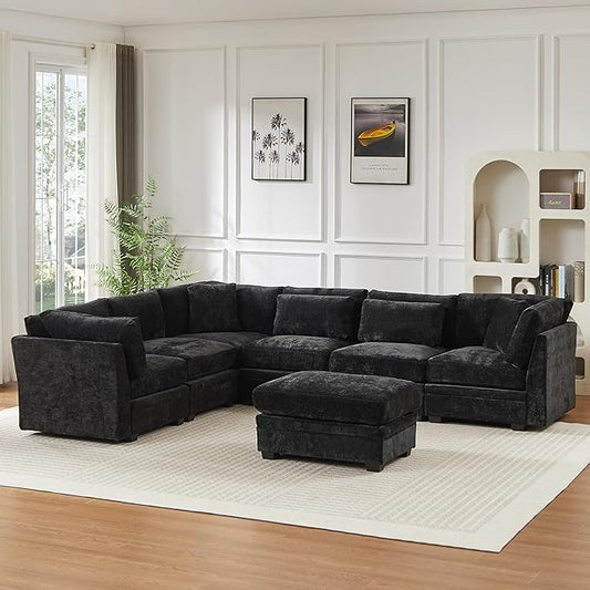 Christopher Knight Home Zery 7-Piece U-Shape Lounge Sofa Couch with Ottomans, Modern Modular Sectional Sofa Set with Pillow Back for Living Room, Chenille Upholstered Cloud Couch with Deep Seat,Black