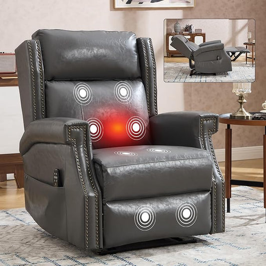 Manual Recliner Chair with Massage & Lumbar Heat, Breathable Leather Reclining Chair for Adults, Humanized Design Easy to Install Living Room Recliners Grey