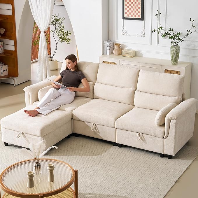103'' L Shaped Couch, Cloud Modular Sectional Sofa with Storage, Extra Deep Seat, Modern Chenille Sofa with Chaise, Throw Pillows, 4 Seat Convertible Sectional Couches for Living Room, Beige