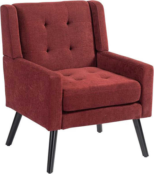 Mid-Century Modern Accent Chair, Plush Linen Fabric with Button Tufted High Back & 5" Thick Cushion, High Comfort Reading Chair for Living Room, Bedroom, Office (Red)