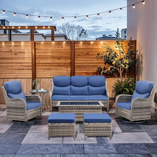 7-Piece Outdoor Wicker Patio Furniture Set with Swivel Glider Chairs, 3-Seat Sofa, Coffee Table & Ottomans 5” Olefin Cushions Ergonomic Neck-Lumbar Backrest All-Weather Rattan for Garden, Deck, Porch