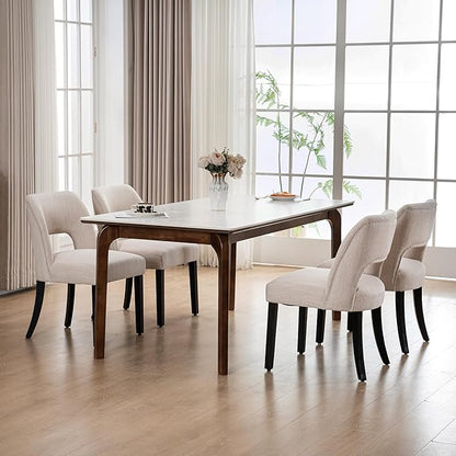 VKNOW Wooden Dining Chairs Set of 4, Modern Fabric Upholstered Dining Room Chair Kitchen Chairs, Farmhouse Dinner Chair for Kitchen Dining Room, Beige-Black Legs