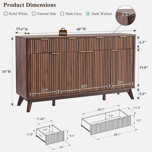 OKD Fluted Storage Cabinet with Drawers, 60" Morden Buffet Sideboard Coffee Bar Cabinet with 4 Doors and 3 Drawers for Dining Room, Living Room,Hallway (Dark Walnut)