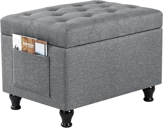 Ottoman with Storage 24'' Storage Ottomans Linen Fabric Ottoman Footstools Small Upholstered Foot Rest Stool for Couch, Living Room, Bedroom, Entrance Shoe Bench Light Grey