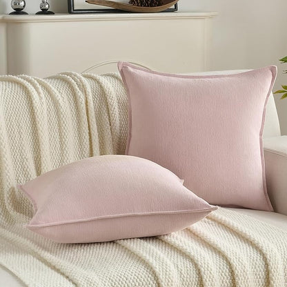 FUTEI Pink Chenille Throw Pillow Covers 22x22 Inch Set of 2,Edges Double-Stitched Cushion Cases,Modern Home Decor for Couch Living Room