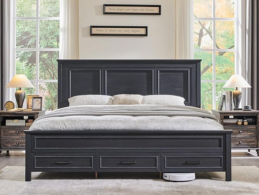 ACCOHOHO Farmhouse Queen Size Bed Frame with 52" Tall Headboard, Wood Platform Bedframe with Footboard and Storage Drawers, No Squeak, No Box Spring Needed, Black