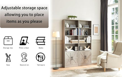 70in Tall Bookshelf 6 Tier Bookcase with Barn Doors and Adjustable Shelf, Oak Grey Farmhouse Book Shelves with Storage Cabinet, Wood Floor Standing Display Bookshelve for Bedroom, Living Room