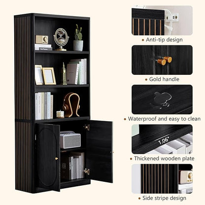 70.8" Tall Fluted Bookshelf with Storage Cabinet Set of 2, Modern 5-Tier Wood Bookcase with Open Display Storage Shelf, Gold Handles for Office Living Room (Black)