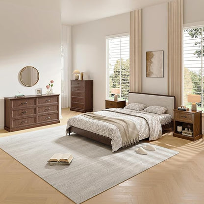 Bedroom Dresser and Nightstand Sets 4 Piece, Farmhouse 6 Drawers Dresser & 44" Tall Chest of Drawers, 23" Nightstands Set of 2, 55" Wide Furniture Dressers for Bedroom, Living Room, Brown
