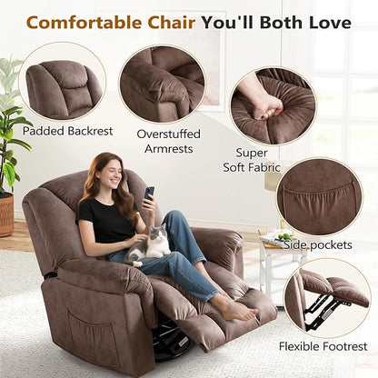 ANJ Rocker Recliner Chair Oversized Manual 360° Swivel Recliners Comfy Glider Rocking Chairs for Big Man Extra Wide Overstuffed Reclining Chair for Living Room, Camel
