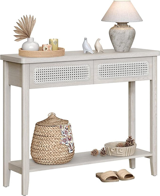 VASAGLE Console Table, Sofa Table, Narrow Entryway Table with 2 Drawers, Open Storage Shelf, Rounded Corners, for Living Room, Boho Style, Oatmeal Beige ULNT016K66