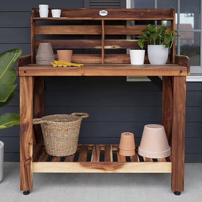 Backyard Discovery 47" Acacia Wood Garden Potting Bench & Serving Bar with Lower Storage Shelf, Leveling Feet, All-Weather Farmhouse Design for Patio, Deck, Porch, Kitchen, Dining Room