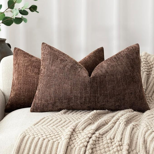 Foindtower Pack of 2 Textured Chenille Throw Decorative Pillow Covers Square Accent Solid Cushion Cover Neutral Farmhouse Lumbar Pillow Case for Couch Sofa Bedroom Living Room 12x20 Inch,Red Brown
