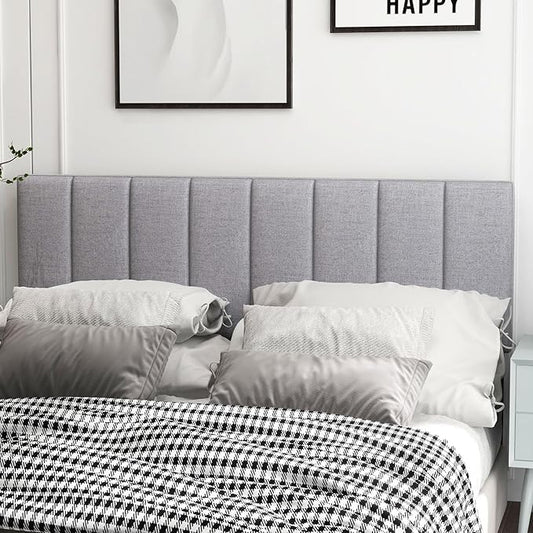 KOMFOTT Linen Upholstered Headboard for Full & Queen Size Bed, Vertical Channel Tufted Rectangular Headboard with Solid Wood Legs & Adjustable Width, Padded Bed Backboard, Easy Assembly (Gray)