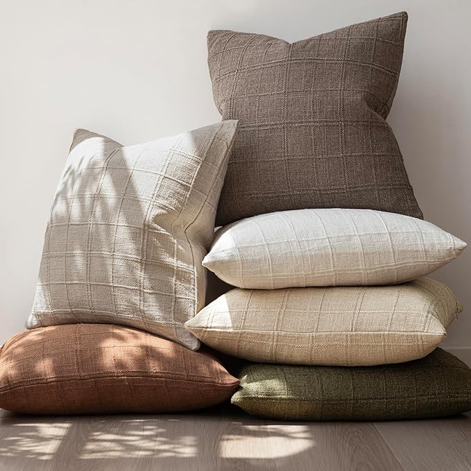 Foindtower Set of 2 Decorative Linen Check Throw Pillow Covers Neutral Farmhouse Vintage Cushion Covers Modern Boho Home Decor for Sofa Chair Couch Bedroom Living Room,24×24 Inch,Taupe Grey