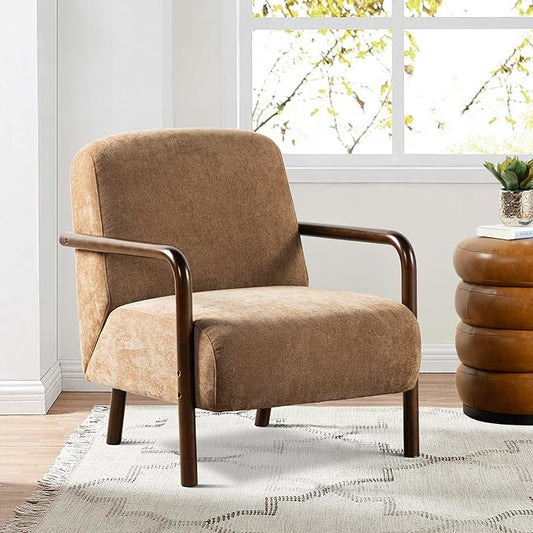 Glitzhome Modern Accent Chair for Living Room, Upholstered Extra-Cushioned Fabric Armchair with Walnut Rubber Wood Frame, Comfy Single Chair for Living Room/Bedroom/Reading Room/Office