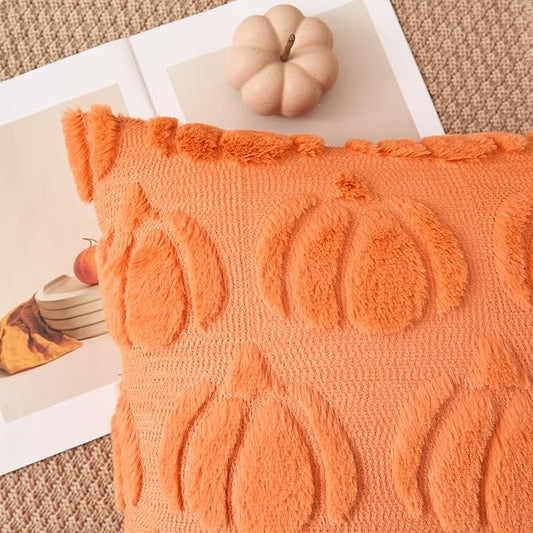 Kevin Textile Fall Pillow Covers 20x20 Inch Set of 2 Soft Pumpkins Decorative Square Pillowcases Plush Autumn Faux Fur Cushions Harvest Gift for Couch Sofa Chair Bedroom Home Decor, Orange