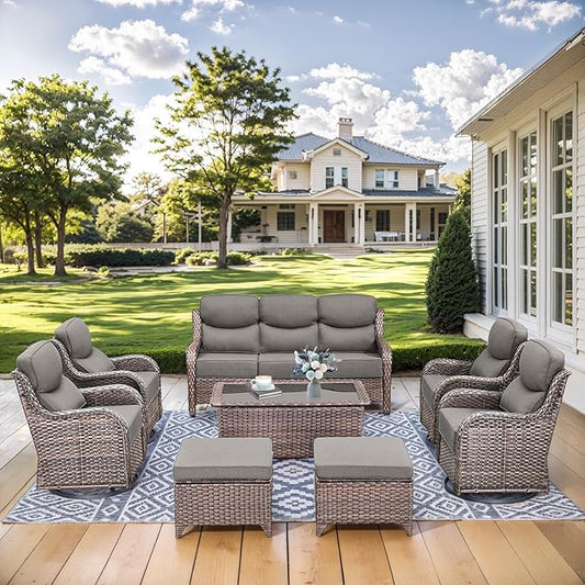 HUMMUH 8 Pieces Wicker Patio Furniture Set with Patio Swivel Chairs Set of 4,High Back Outdoor Sofa Coffee Table Ottomans,6 Inch Thick Cushions Outdoor Conversation Set for Porch, Balcony, Deck